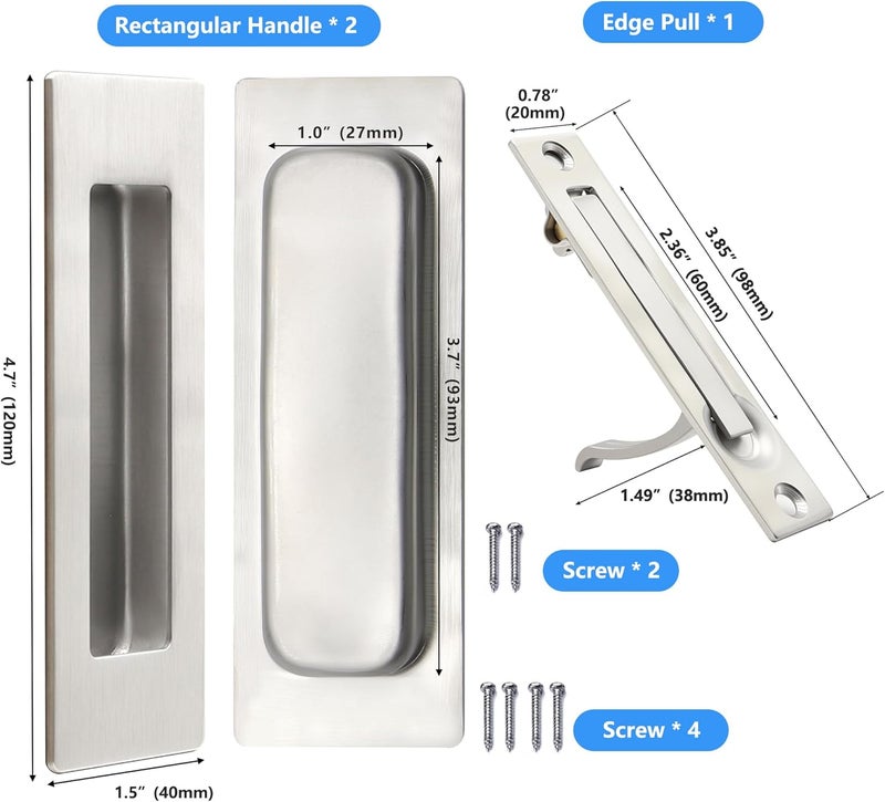 Dontay Pocket Door Pull Handle,304 Stainless Steel,Recessed Flush Finger Pulls&Edge Spring Pull,No Lock,More Than 1-1/8” Thickness Sliding Door (1Pack, Brushed Nickel, 4.72 inch (120 mm)) - Image 2
